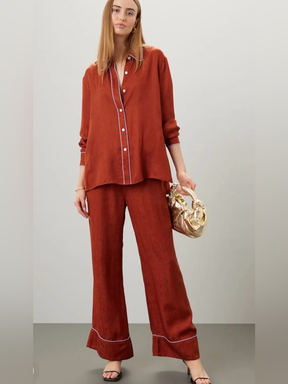 Untitled in Motion Emissus Satin Pant in Rust Relaxed Wide-Leg Pants with Piping